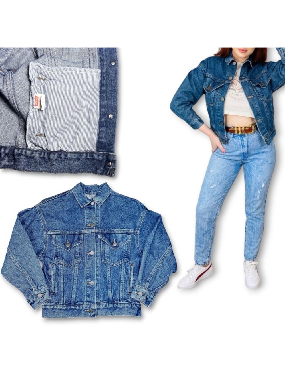 Vintage Levis 80s 900 Series Silver Tab Cropped Denim Jean Jacket Medium - Small